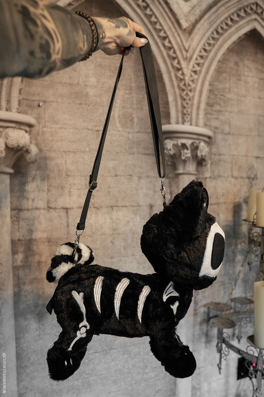 creepy cute skeleton cat plushie bag with adjustable shoulder strap