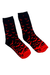 gothic knitted Black socks with red pattern and vampirefreaks brand name on a white background