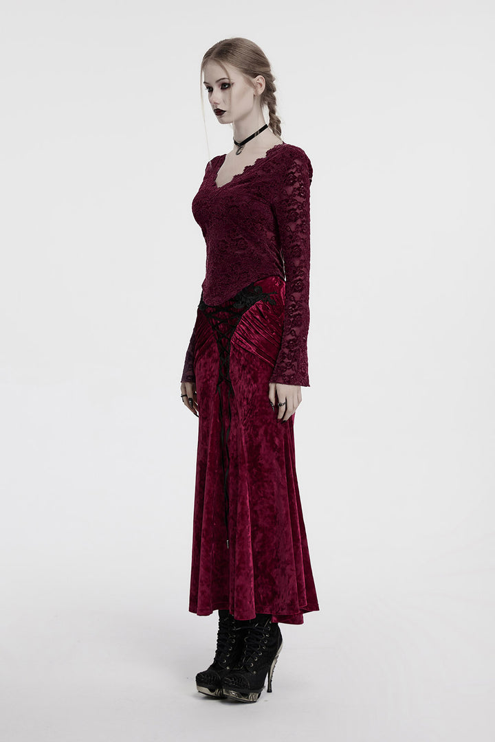 scallop trim deep red lace blouse