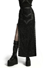 womens black damask victorian goth split leg skirt