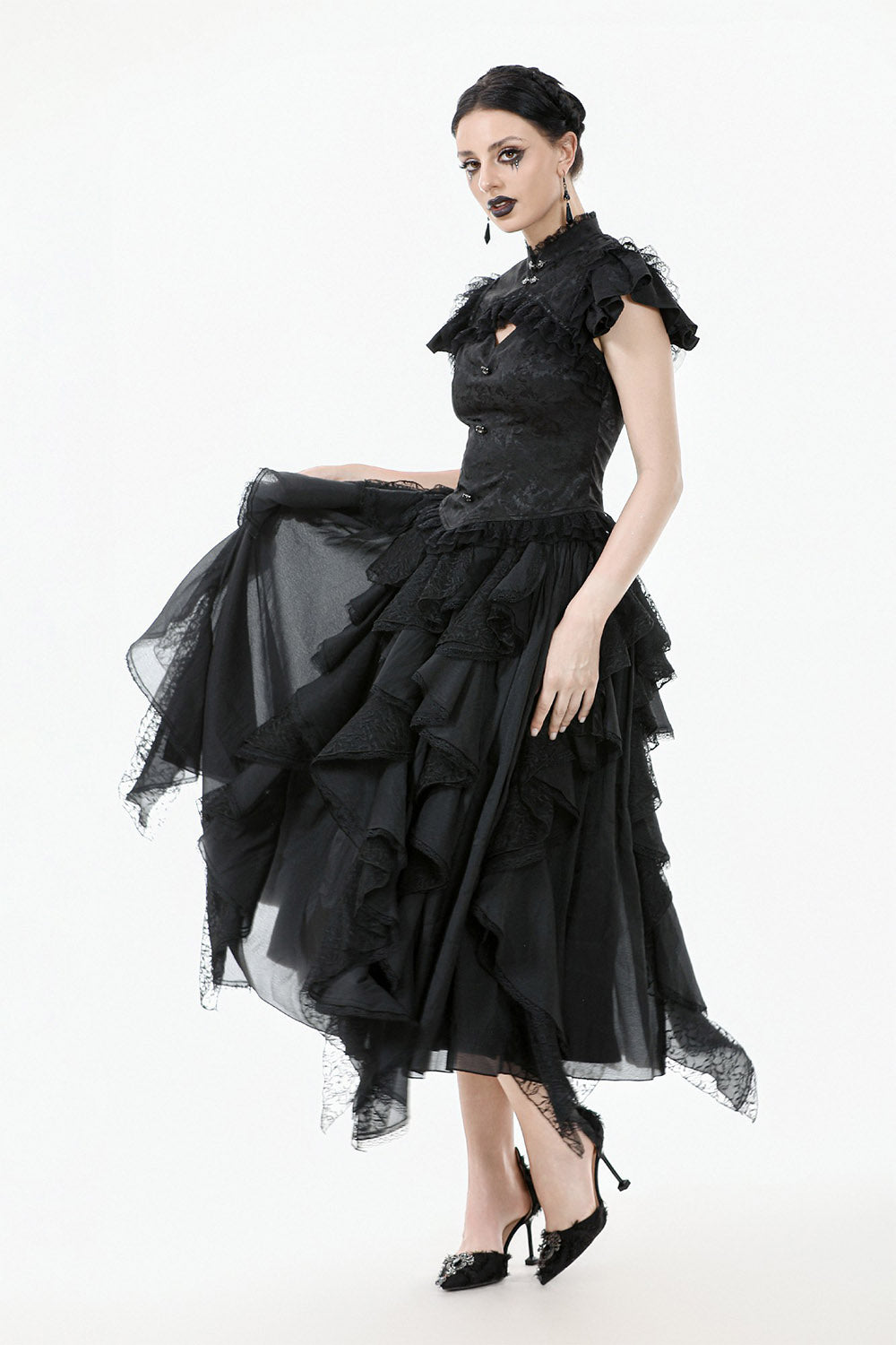 v-waistline romantic lace ruffle high collar top