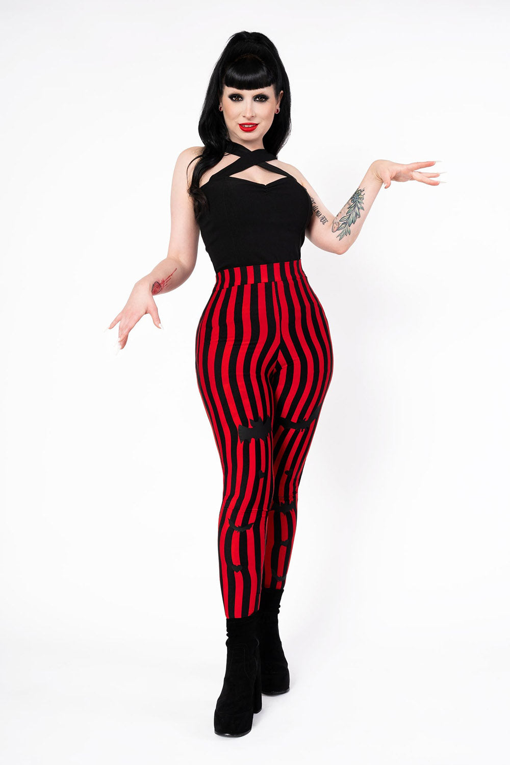 womens red and black striped emo leggings