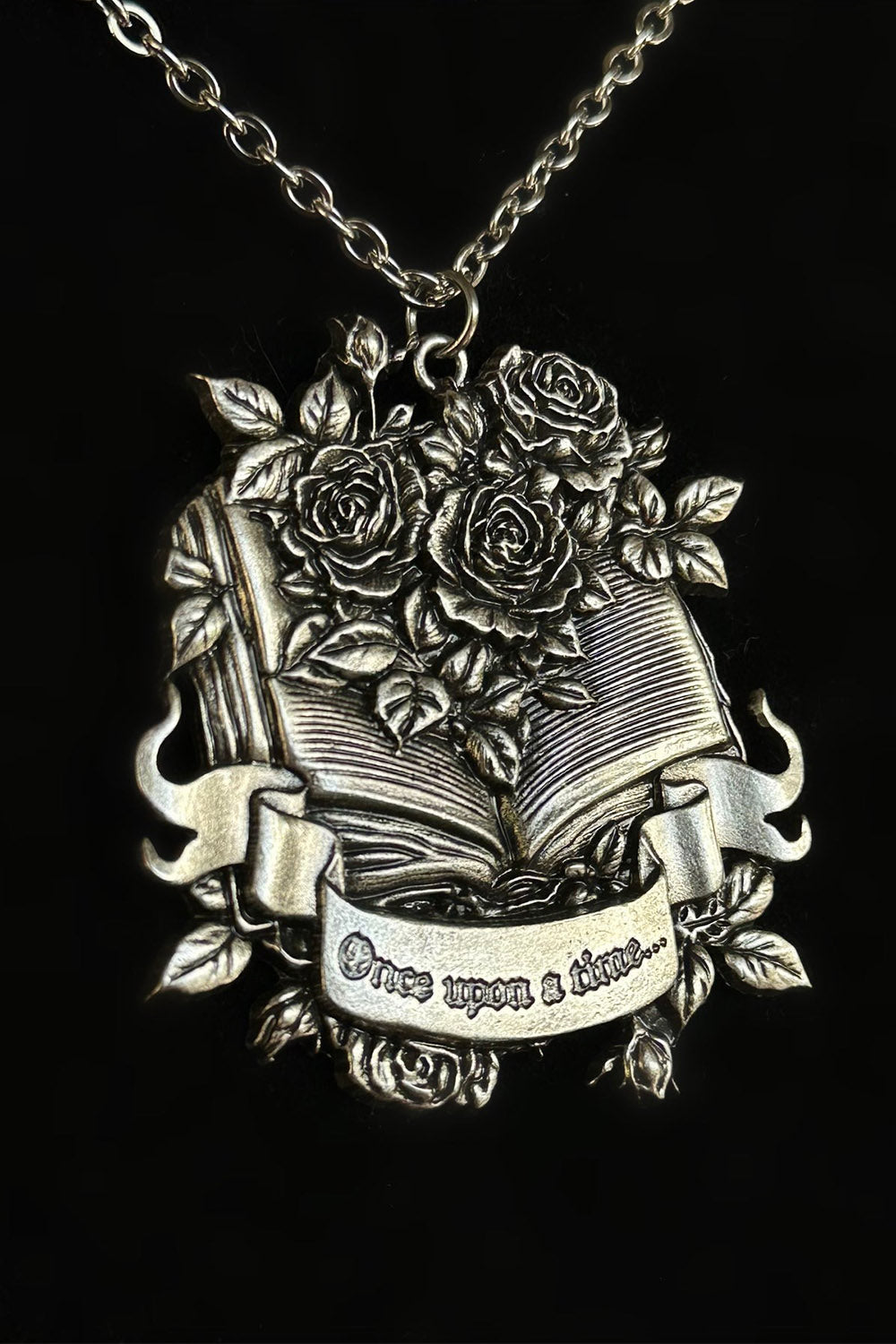 silver roses and scroll gothic literature opened book dark fantasy necklace