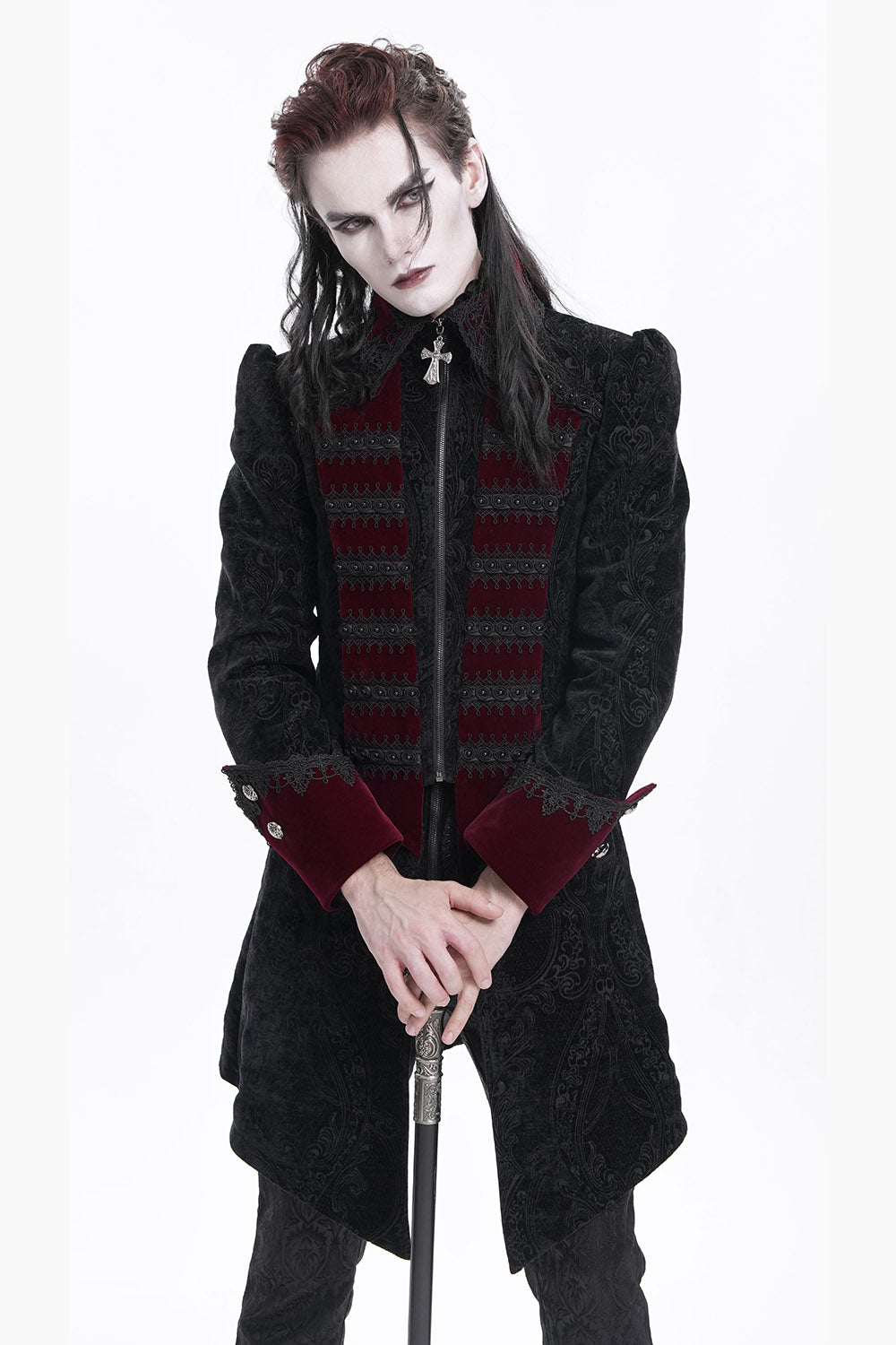 mens red velvet and black gothic coat