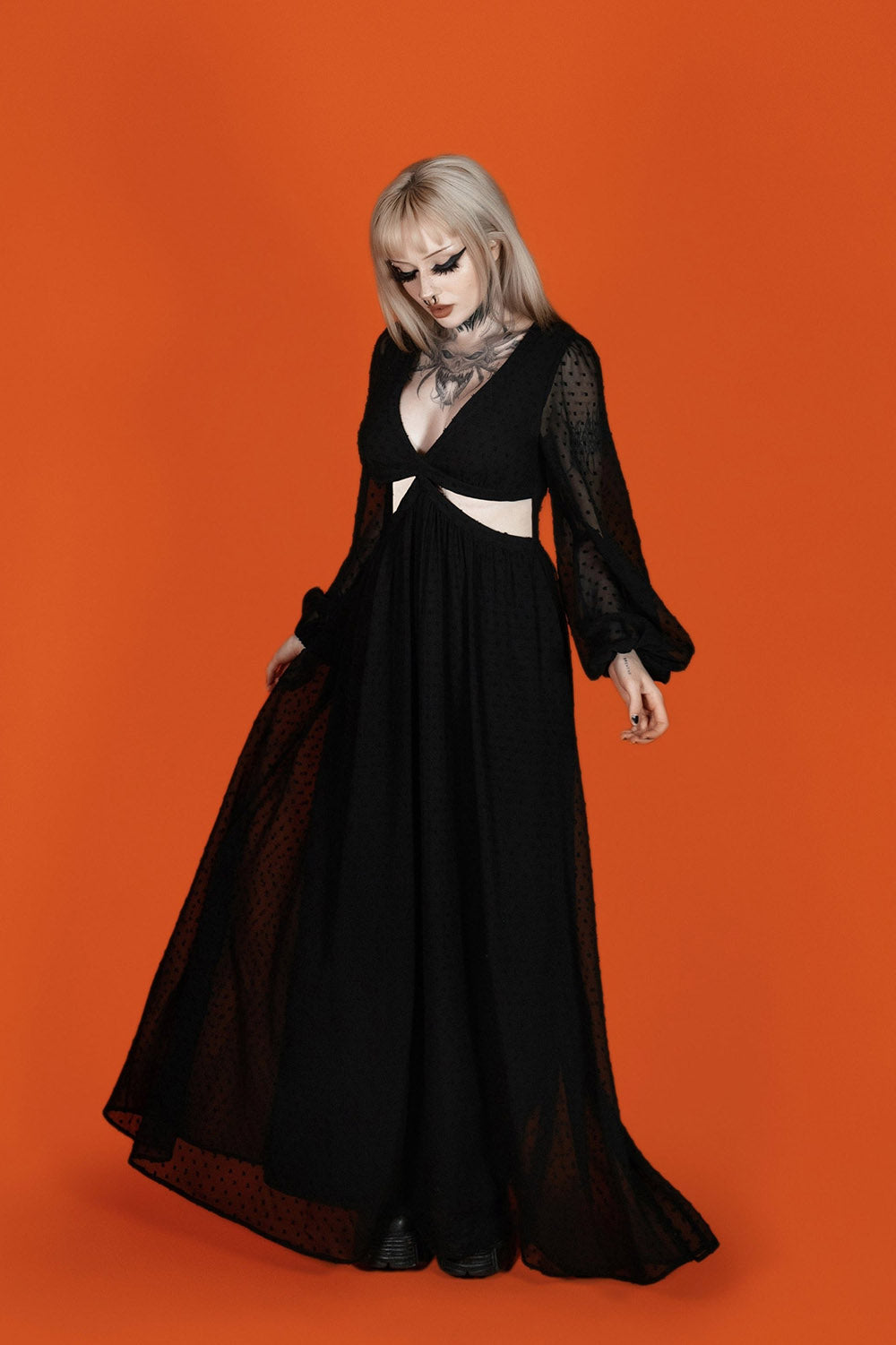 balloon sleeve long maxi black dress