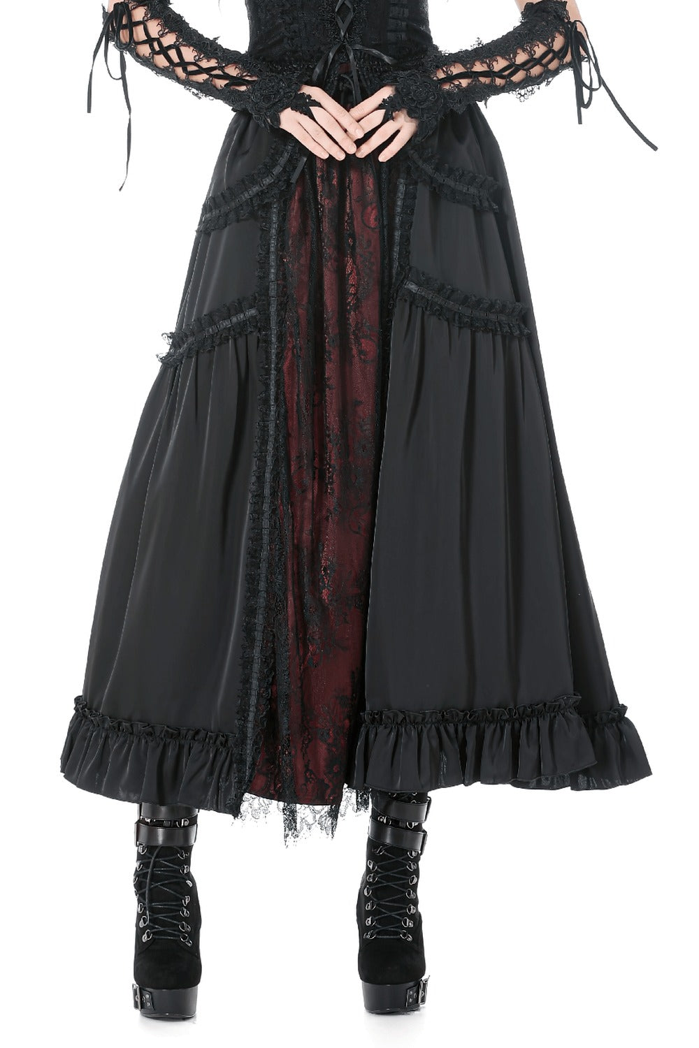 womens long red and black layered skirt