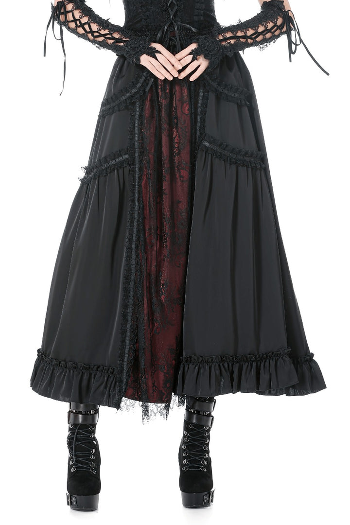 womens long red and black layered skirt
