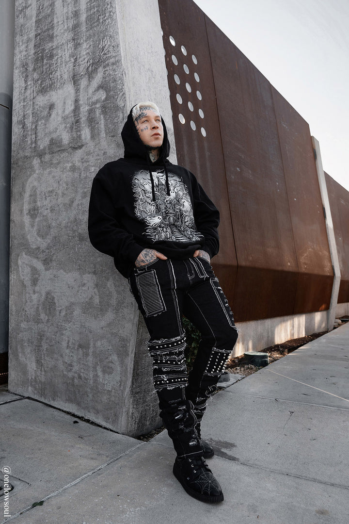 mens shredded punk studded straight-leg distressed jeans 