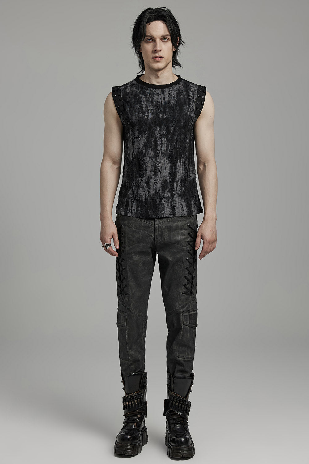 mens tattered punk distressed black tank top