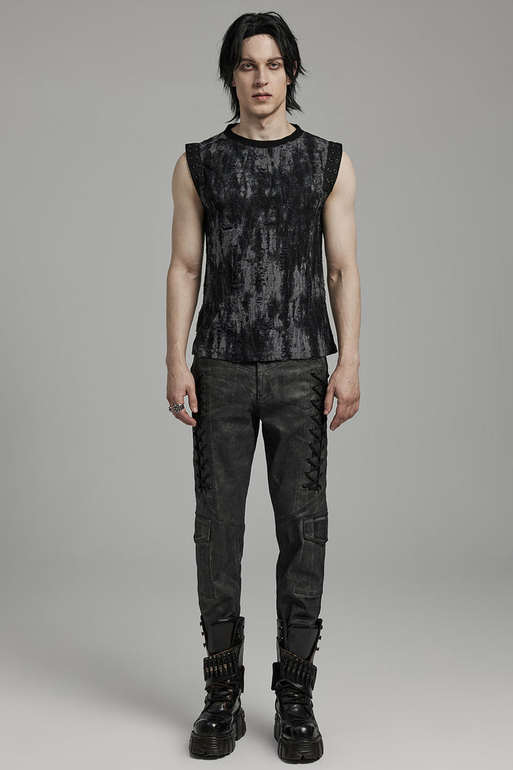 mens tattered punk distressed black tank top