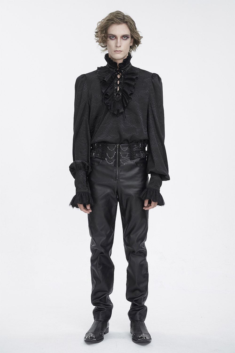 mens black long sleeve vampire shirt with flared sleeve cuffs