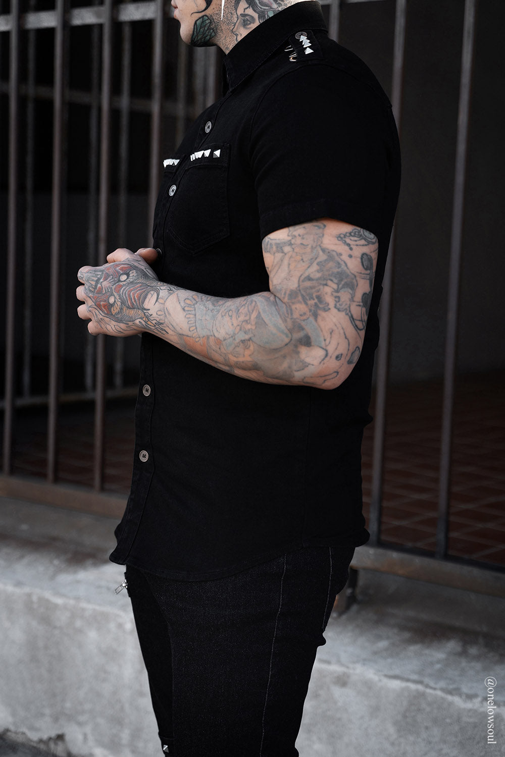 mens collared pyramid studded short sleeve shirt