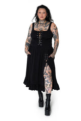 womens dark witchy black romantic deep v-neck leg slit lace-up dress with pockets by forest ink