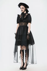 wednesday addams inspired puff sleeve gothic black lace-up dress