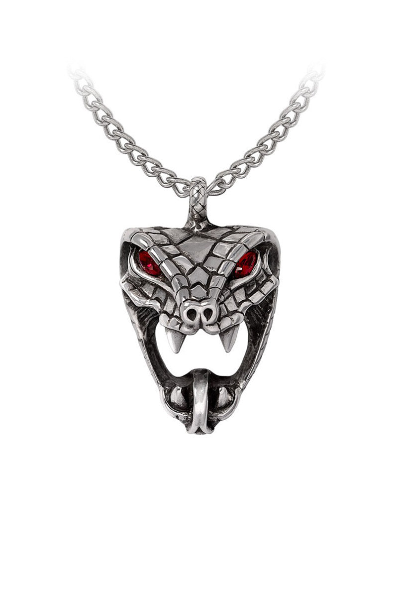 Silver snake head pendant with red eyes on a white background