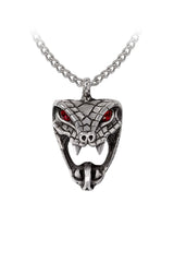 Silver snake head pendant with red eyes on a white background