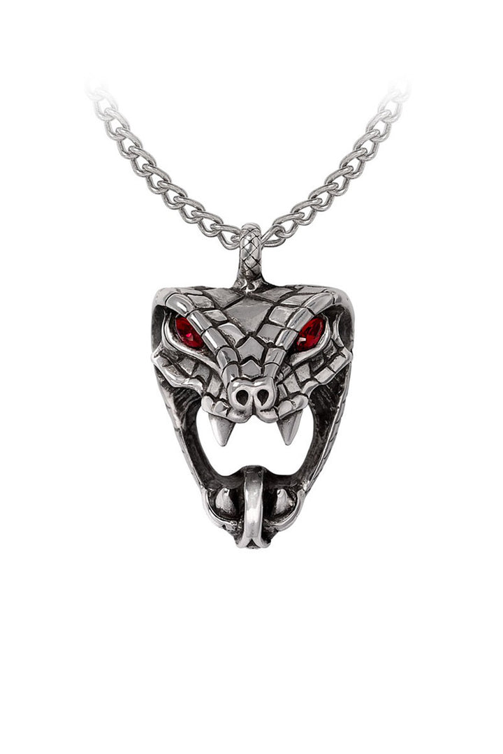 Silver snake head pendant with red eyes on a white background