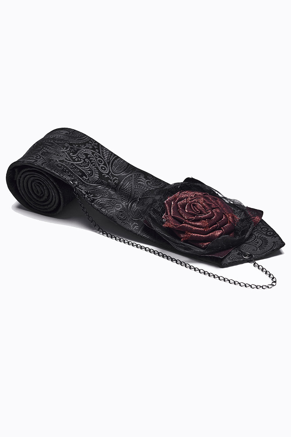 Edwardian mens damask necktie with a rose and chain