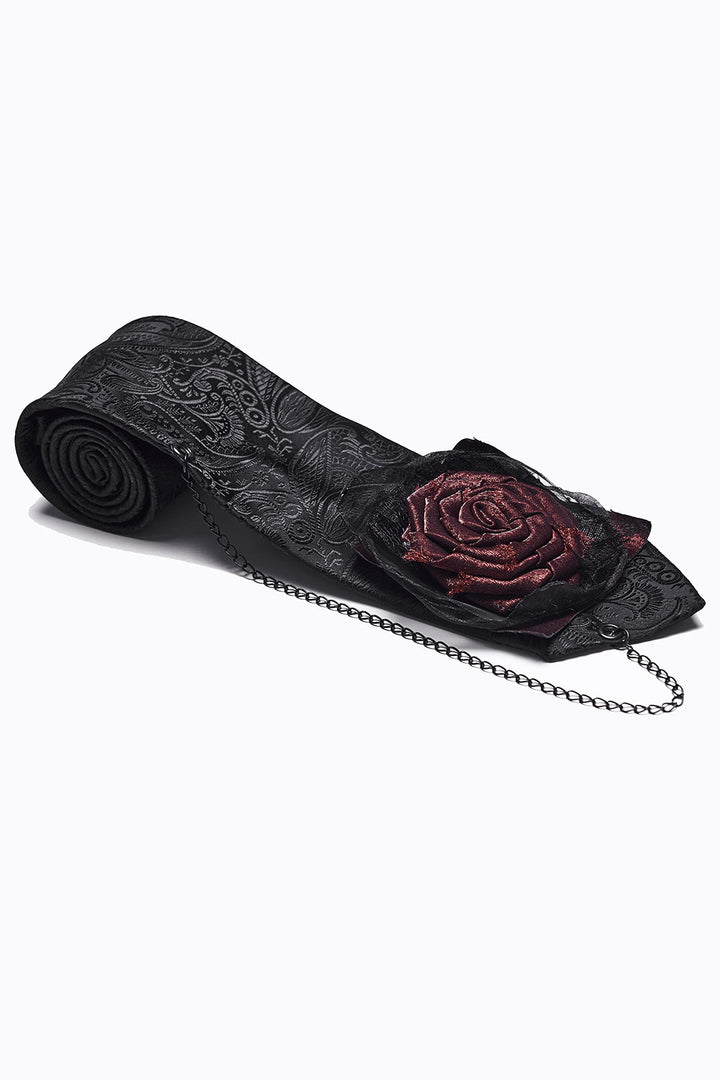 Edwardian mens damask necktie with a rose and chain