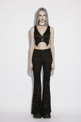 black Jacquard gothic high rise flared pants