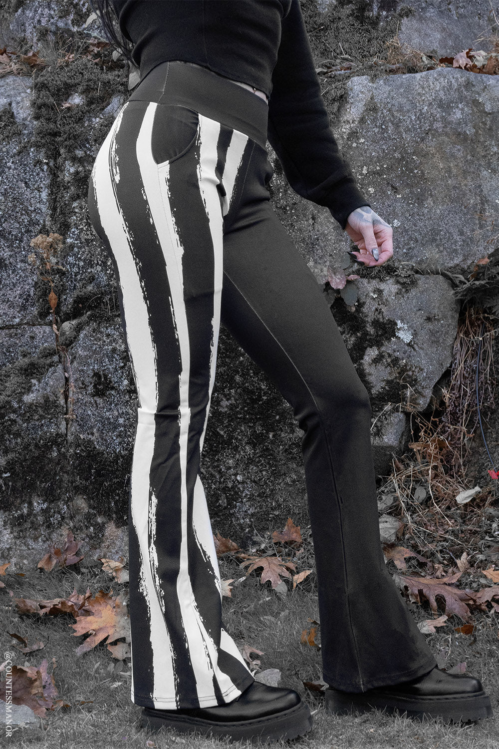 quirky goth half black and white striped split style legging flares