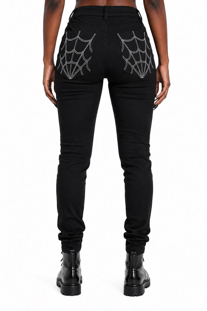 black lace-up corset skinny jeans with web pockets