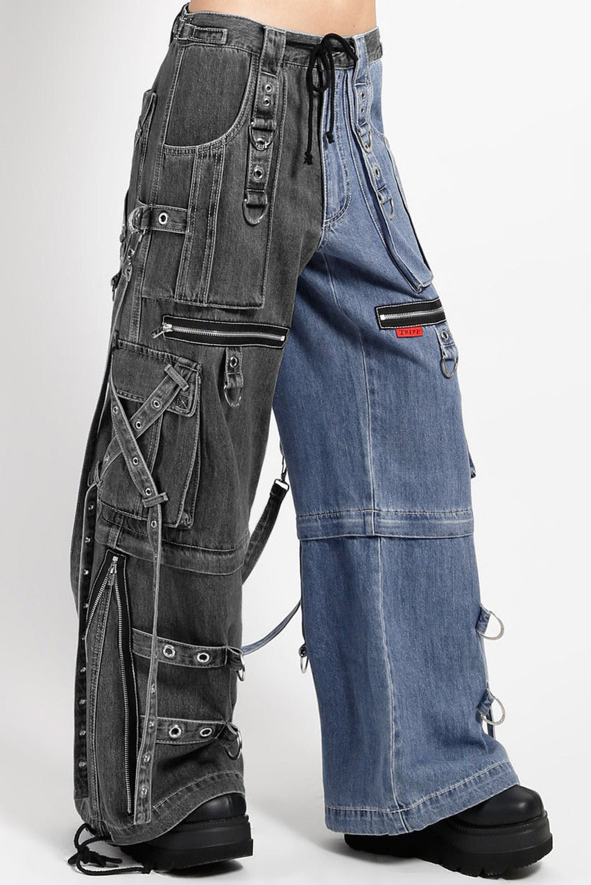 Tripp NYC X-Strap Split Denim Pants [BLACK DENIM/INDIGO BLUE]