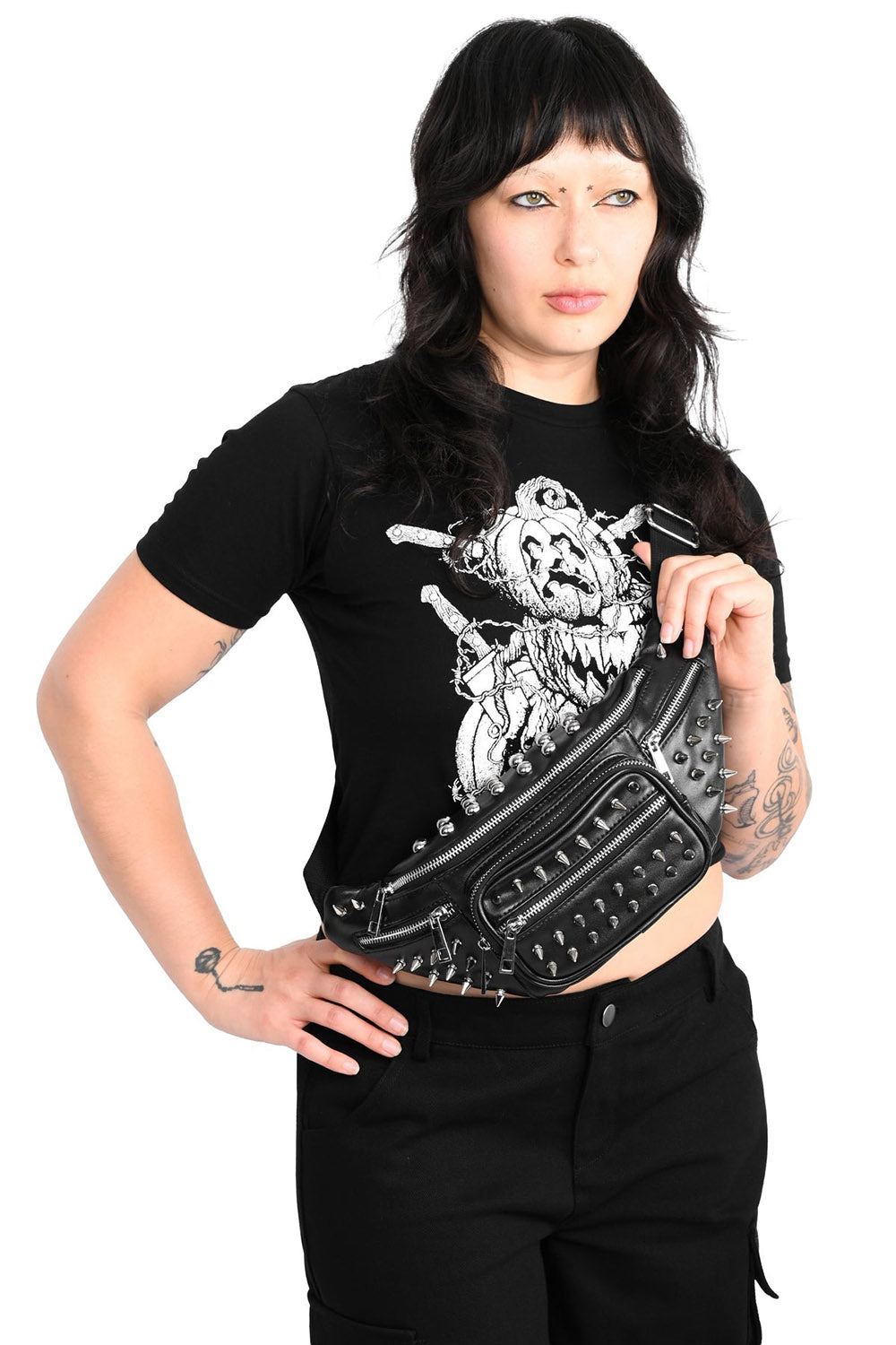 black vegan leather studded fanny pack bag for concerts