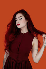 womens high waisted red sleeveless dress with pockets