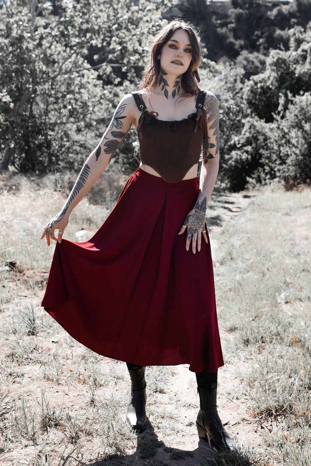 pleated dark red skirt