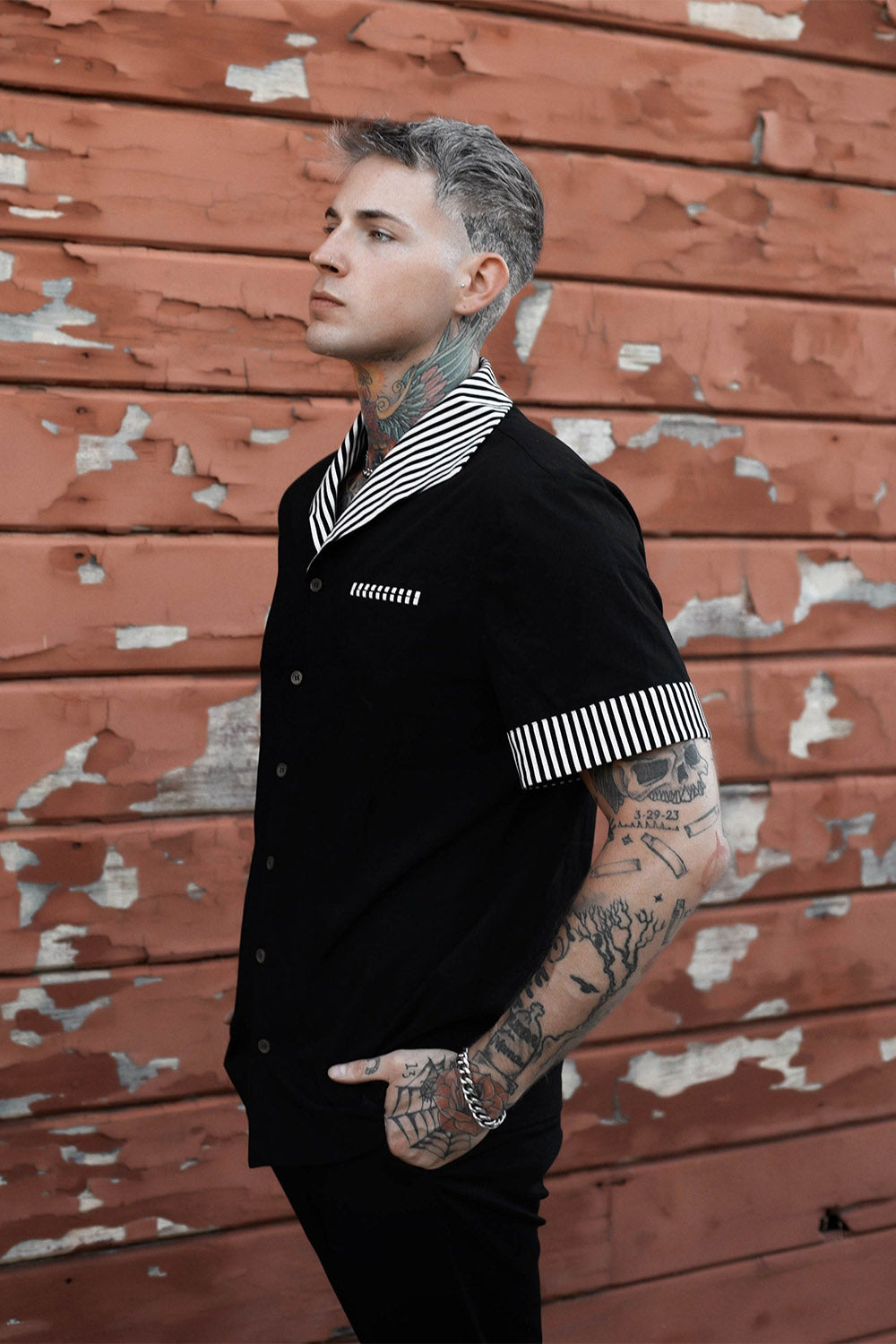 black and white striped mens short sleeve gothic shirt