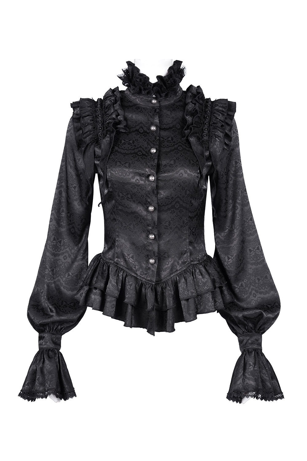 Black Victorian-style blouse with ruffled details on a white background