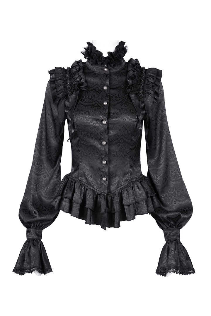 Black Victorian-style blouse with ruffled details on a white background
