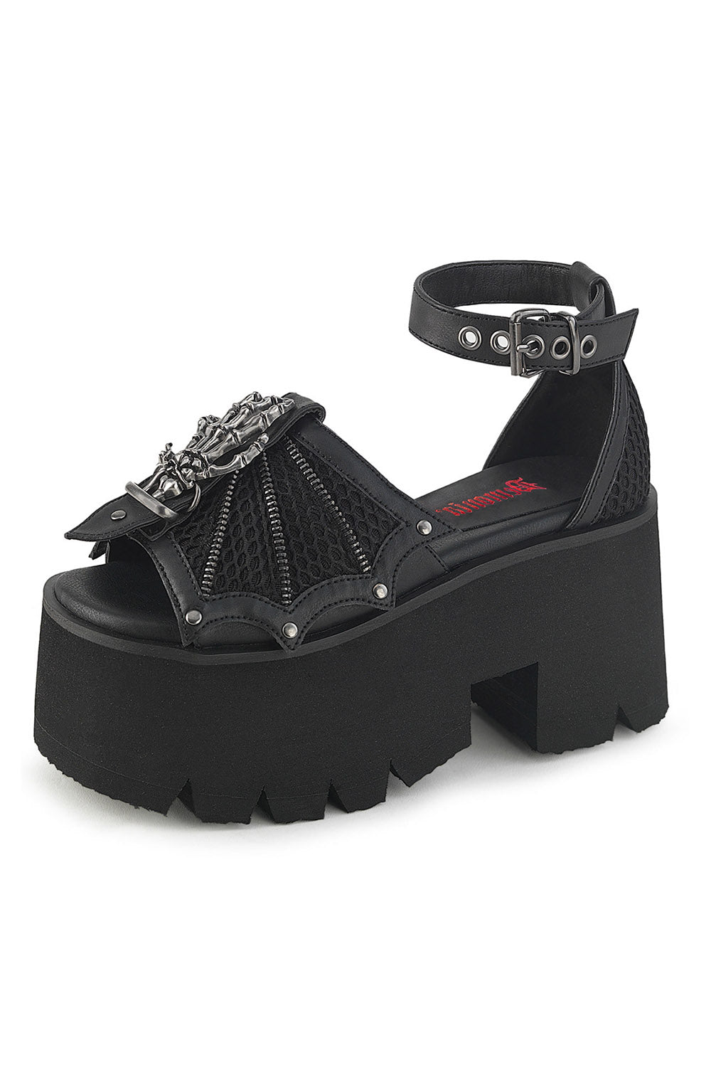 fishnet sandals with a chunky heel and skeleton charm by demonia 