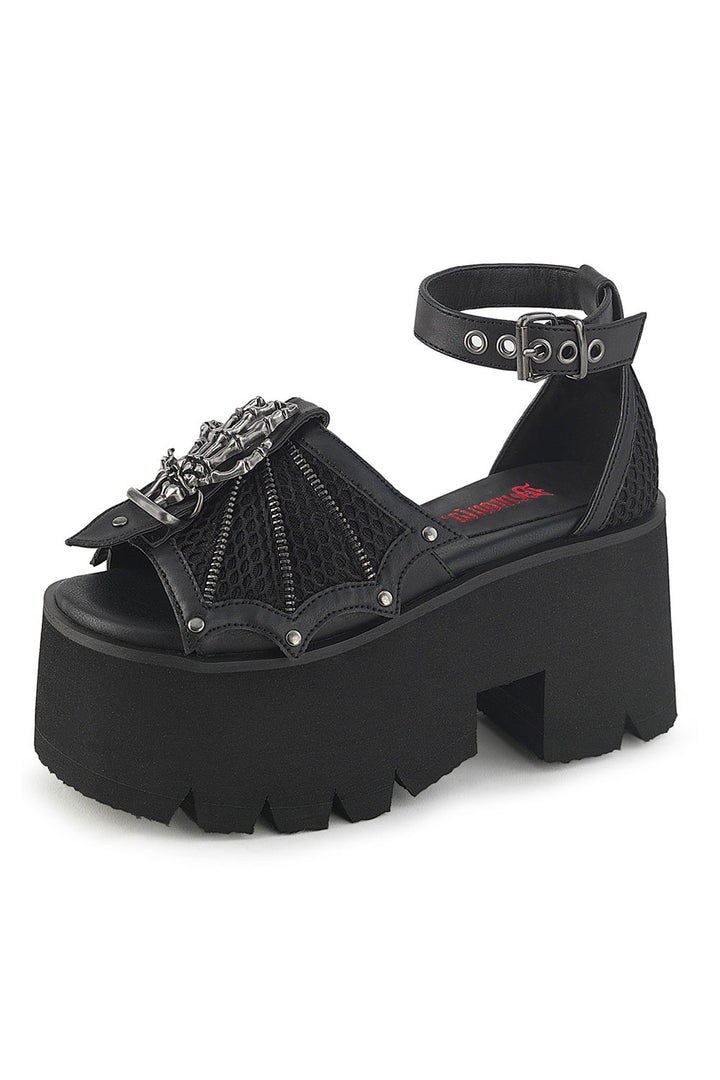 fishnet sandals with a chunky heel and skeleton charm by demonia 