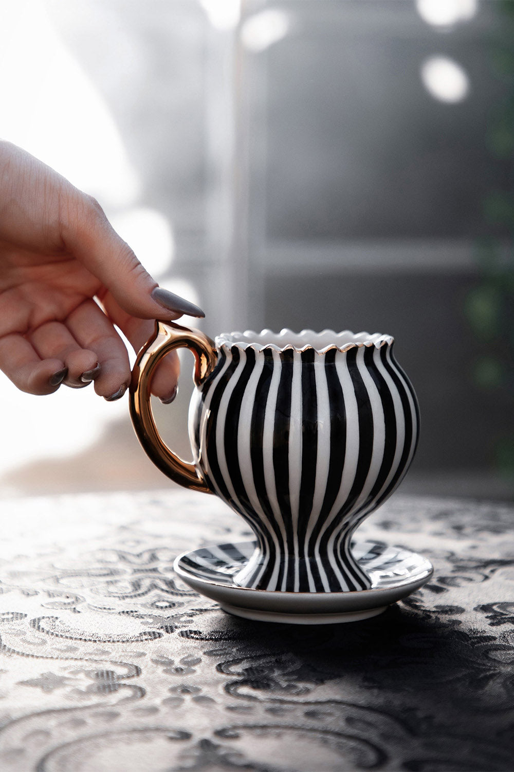black and white striped tea cup