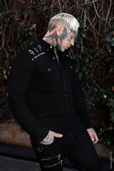 mens cargo pocket pyramid studded long sleeve punk button-down shirt