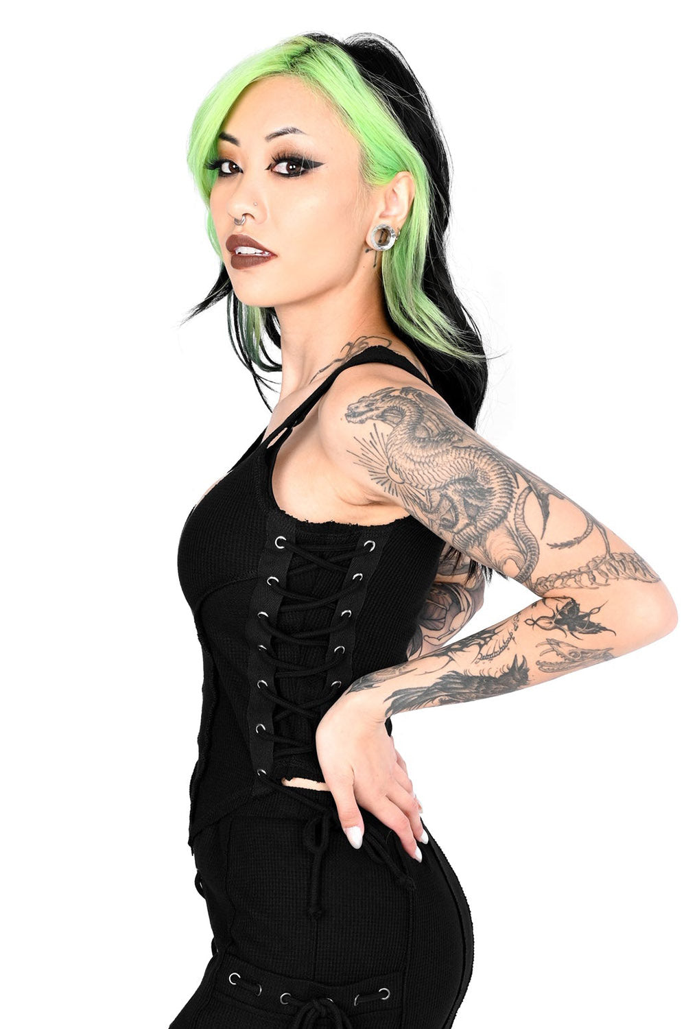 v-neckline lace-up corset tank top