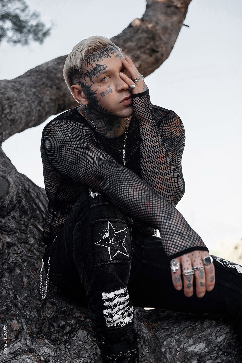 mens plus size grunge black long sleeve fishnet shirt with thumbholes 