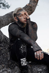 mens plus size grunge black long sleeve fishnet shirt with thumbholes 