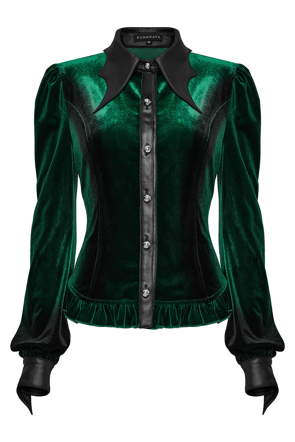 womens ruffled hem green velvet shirt 