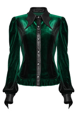 womens ruffled hem green velvet shirt 
