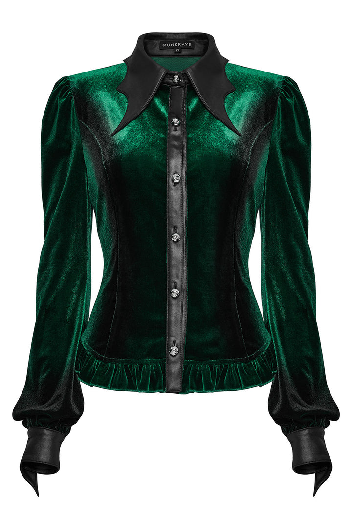 womens ruffled hem green velvet shirt 