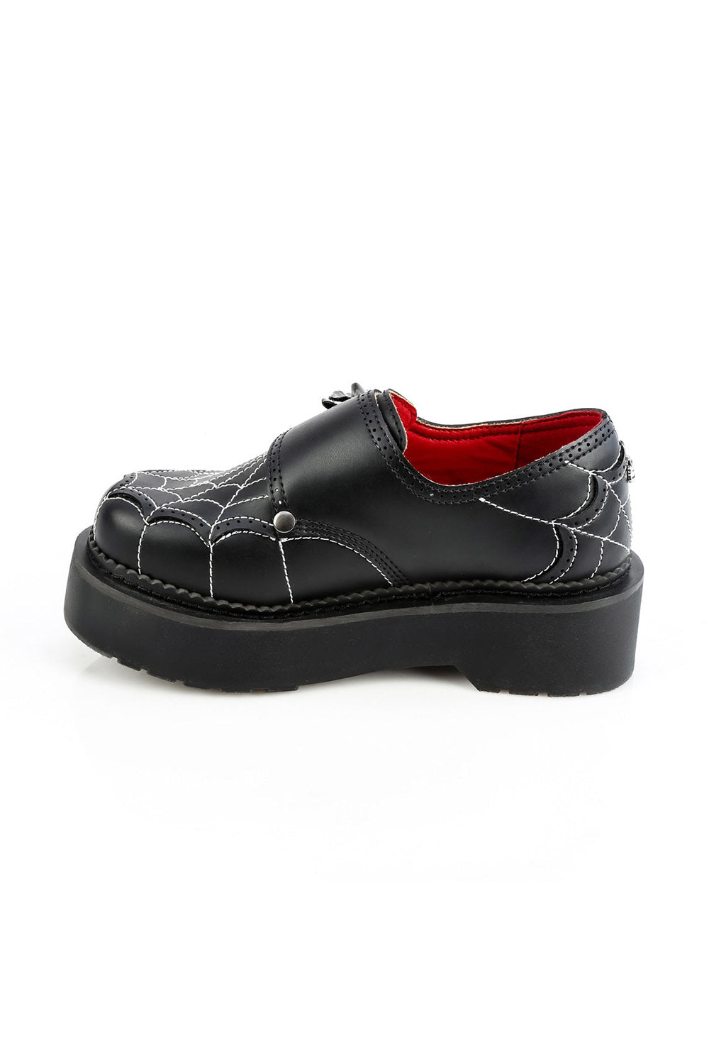 black vegan leather spiderweb stitched embroidered womens shoes