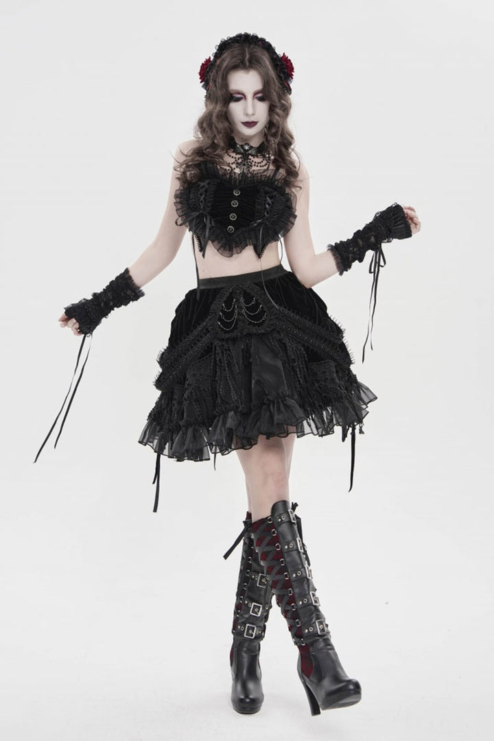 embroidered high waisted black velvet skirt