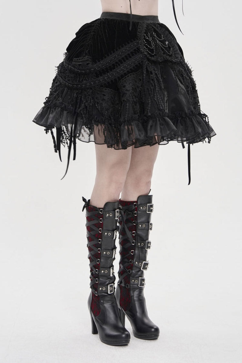 womens ruffled lace high waisted black velvet skirt