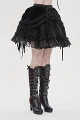 womens ruffled lace high waisted black velvet skirt