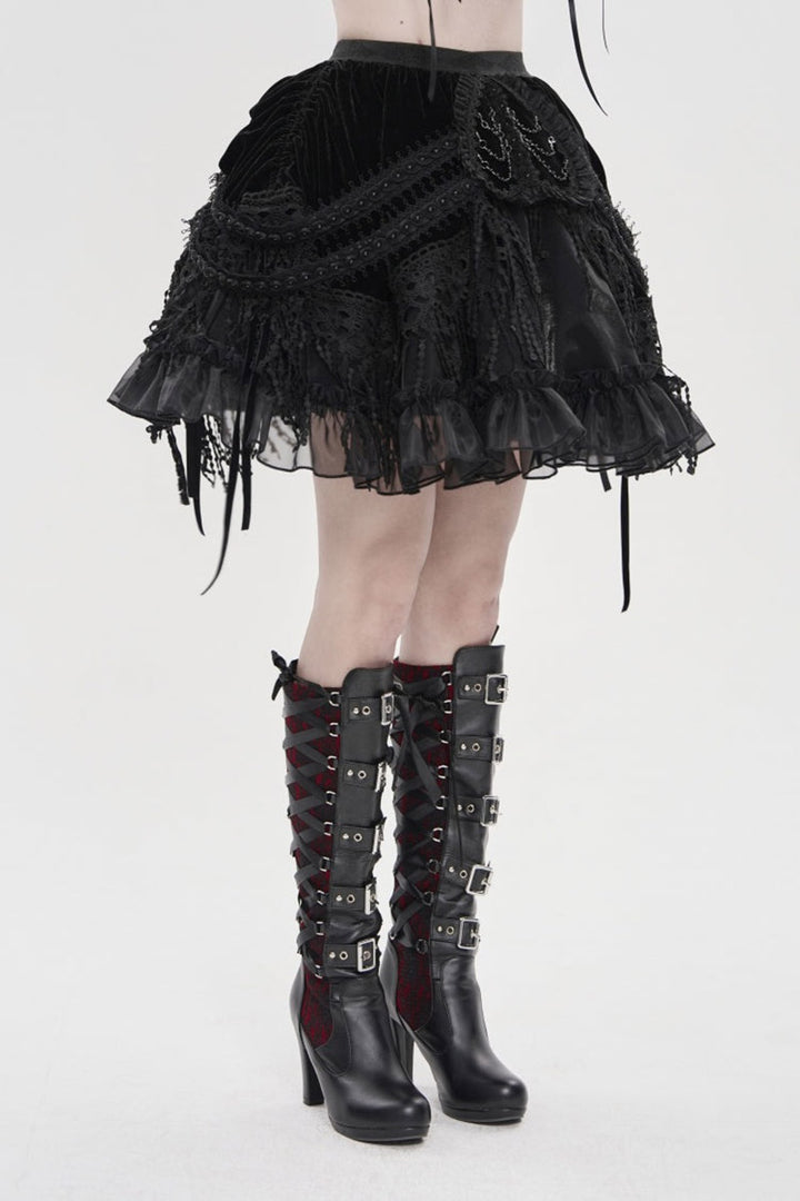 womens ruffled lace high waisted black velvet skirt