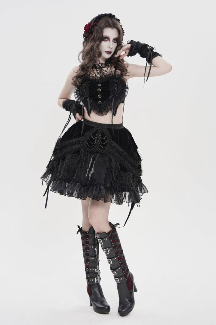 high waisted black velvet skirt with chained heart