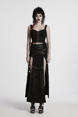 womens vegan leather eyelet studded long skirt